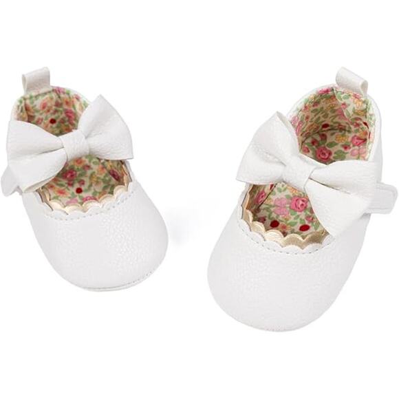 New Meckior Newborn Baby Girls 0-3 Mos White Faux Leather Bow Soft Shoes w Flaw - Picture 1 of 5